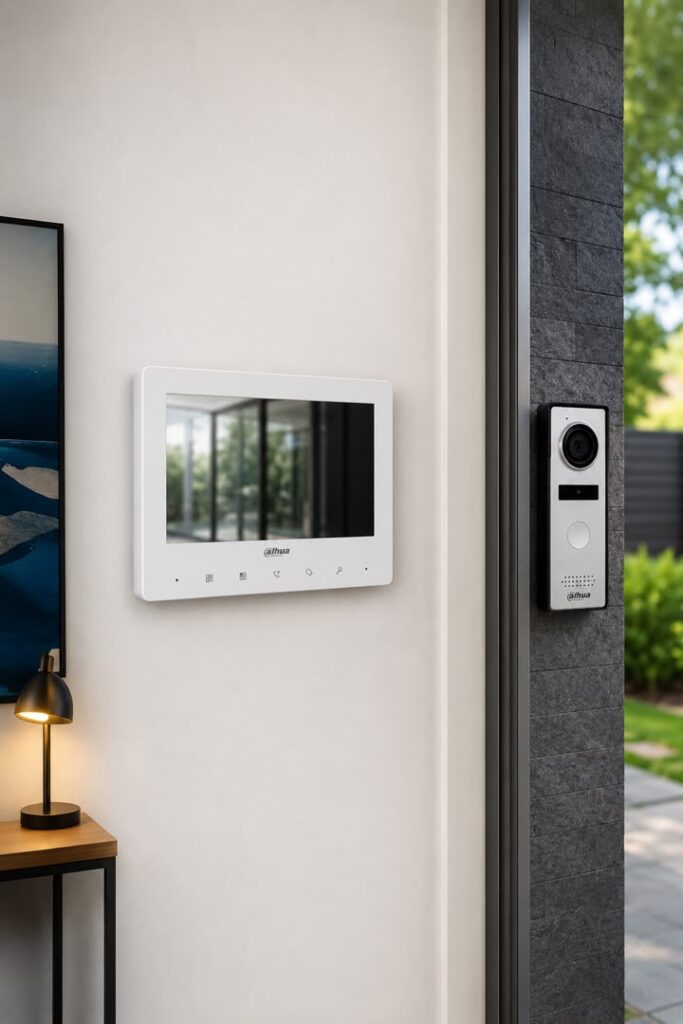Dahua video intercom monitor installed beside an entrance